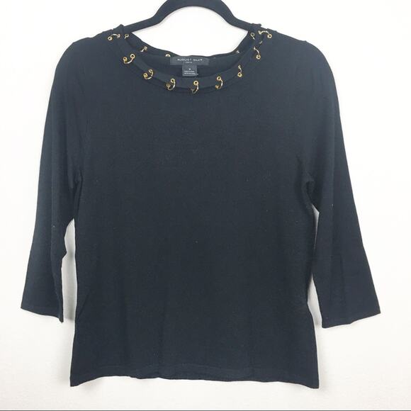 August Silk Knits Stretch Blouse Size Medium Black Ribbed Gold Grommet NWT $48 - Picture 1 of 11